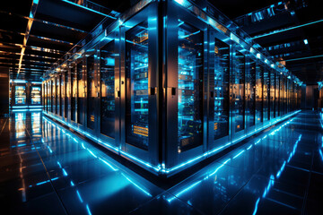 New future technology, futuristic environments, cyber space. science, development background. huge spaces with servers in blue color. Copy space.