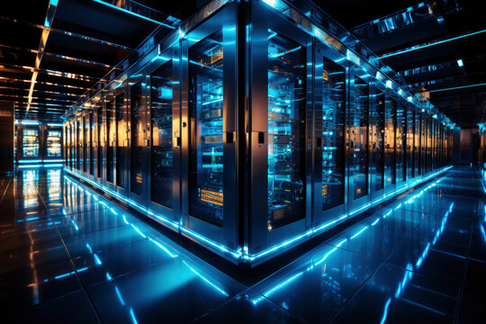 New future technology, futuristic environments, cyber space. science, development background. huge spaces with servers in blue color. Copy space.