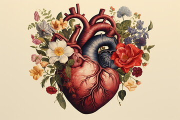 Valentines day card. Anatomical heart with flowers. - obrazy, fototapety, plakaty