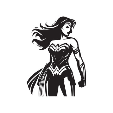 Dynamic Superheroine Elegance: Explore Wonder Woman's Presence in a Series of Bold and Impactful Vector Silhouettes, Crafted for Versatile Stock Image Usage