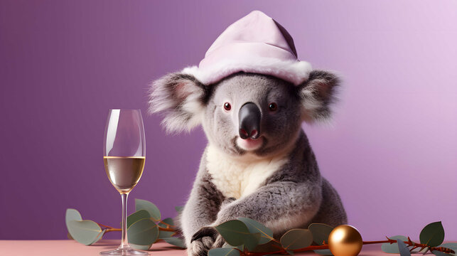 Animal party concept. Small cute coala with glass of champagne having fun. Pastel purple background. New Year party.