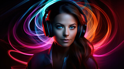 Beautiful Woman with Headphones and Neon Waves
