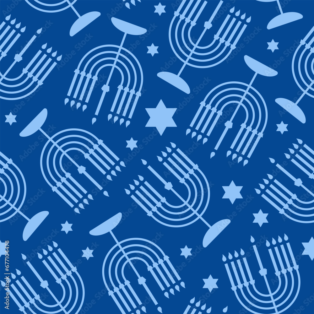 Poster happy hanukkah seamless pattern with creative symbols on blue background. modern festive monochrome 