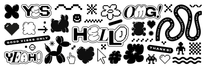 Bubble and pixel Y2k retro sticker pack. Balloon abstract shapes and 8bit icons in trendy retro style. Hello omg yeah. Cartoon graffiti tattoo vector illustration isolated on white background. - obrazy, fototapety, plakaty