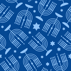 Happy Hanukkah seamless pattern with creative symbols on blue background. Modern festive monochrome design for wallpaper, wrapping paper, fabric, banner. Vector illustration