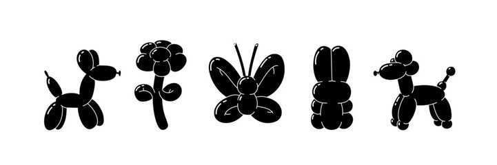Balloon animals collection and bubble sticker. Dog flower butterfly bunny poodle in trendy retro y2k style. Cartoon graffiti tattoo vector illustration isolated on white background.