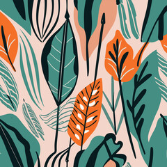 Hand drawn horizontal banner pattern with autumn bright leaves and berries in retro color template.