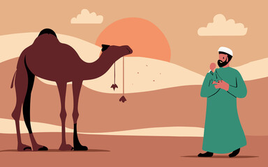 Islamic new year background with man and camel in the desert