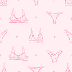 Fototapeta na wymiar Girly underwear seamless pattern. Trendy female lingerie. Panties, bikinis and bras. Sensuality, love and femininity concept. Hand drawn outline pink vector design
