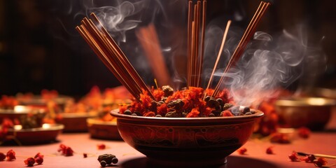 Incense Sticks or Burners Burning incense is a traditional practice to purify the surroundings and bring positive energy, making it a common addition to a Chinese New Year table. - obrazy, fototapety, plakaty