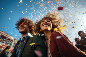 Happy couple celebrating throwing confetti in the air. Young couple having outdoor party. young men and women celebrate confetti party. - obrazy, fototapety, plakaty
