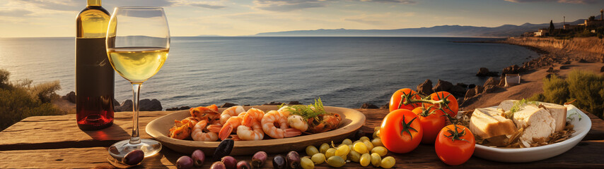Ultra-wide photo of a luxurious Mediterranean seafood feast served on a rustic wooden table against the backdrop of a picturesque sea. Top-down view - obrazy, fototapety, plakaty