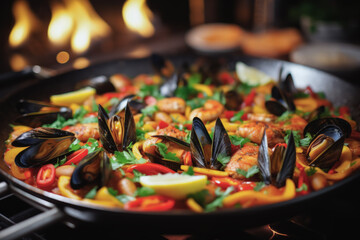 Close up of Spanish seafood paella in background of modern restaurant. Lifestyle concept of food and cooking. - obrazy, fototapety, plakaty