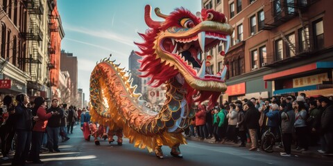 A Dragon Dance in Chinatown is a captivating and symbolic performance often seen during various celebrations, particularly during Chinese New Year. - obrazy, fototapety, plakaty