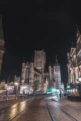 Saint Nicholas' Church on the Korenmarkt in the historic part of Ghent during the night. Belgium's most famous historical centre. Midnight illumination of the city centre