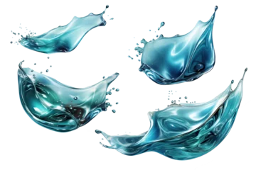 Gordijnen Water splash set on transparent background, blue liquid crown wave swirl drops, shiny clear soda juice splashing fluids droplets, design element fresh drink, beverage, falling, pour bubbles © Arash