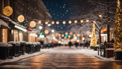 Abstract Christmas background featuring a city street with blurred lights, snow-covered trees, and the glow of holiday decorations on a wintry night. - obrazy, fototapety, plakaty