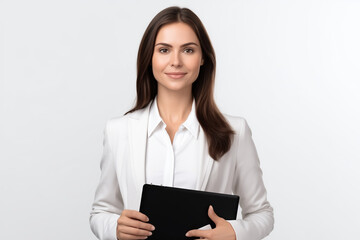 Beautiful girl in a business suit with a tablet in her hands