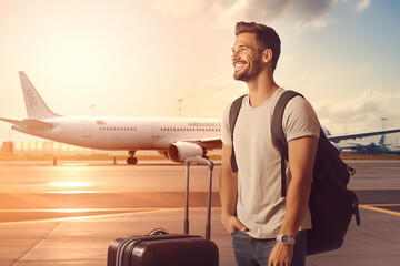 Cheerful man with a suitcase against the backdrop of the airport