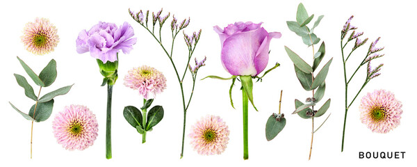 Bouquet lilac flowers flowers set. PNG with transparent background. Flat lay. Without shadow.
