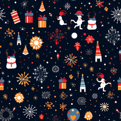 Christmas elements in modern minimalist geometric style. Colorful illustration in flat vector cartoon style. Xmas tree with geometrical patterns, stars and abstract elements