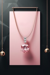 Pink diamon jem stone on a chain, on pastel pink, jewerly showcase flyer