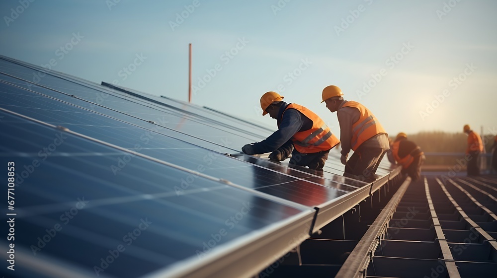 Poster generative ai : workers installing solar cell farm power plant eco technology.