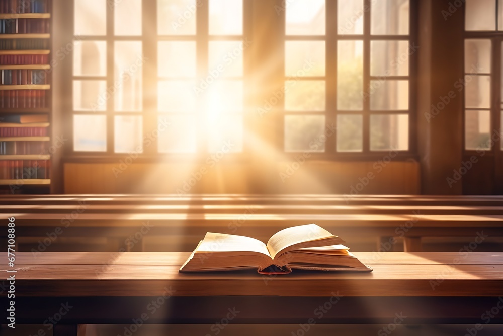 Poster generative ai : open book or textbook in the library with light from the window on the reading table