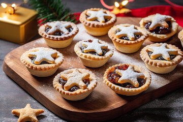 Obraz na płótnie Canvas Traditional British Christmas Pastry Home Baked Mince Pies with Apple Raisins Nuts Filling on rustic wood table. Golden Shortcrust Powdered