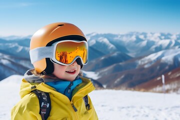 Generative AI : little boy with snowboard in helmet and yellow goggles on background