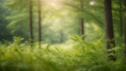 Obraz na płótnie Canvas Dreamy forest scene with defocused greenery, wild grass, and soft sunlight, providing a refreshing and tranquil natural background.