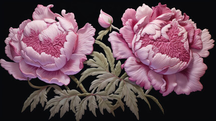 Delicate Peony Embroidery - Intricate Silver Stitching - Realistic Textures and Materials - High Grade Muted Colors - Detailed Close-ups