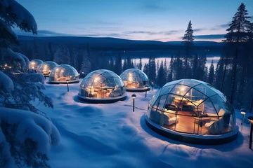 Poster Im Rahmen Generative AI : Glass igloos in the Arctic resort. Ideal for viewing the northern Scandinavian aurora in warm comfort. © The Little Hut