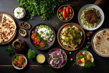 Generative AI : food assorted on dark background, long horizontal banner. Gyros, greek salad