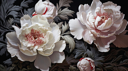 Delicate Peony Embroidery - Intricate Silver Stitching - Realistic Textures and Materials - High Grade Muted Colors - Detailed Close-ups