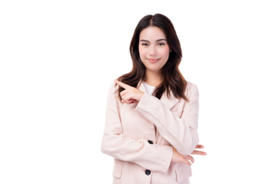 Young Asian business woman pointing up to copy space and looking at camera with smile face and happy Pretty girl act like a satisfied product, use for advertising with isolated on white background