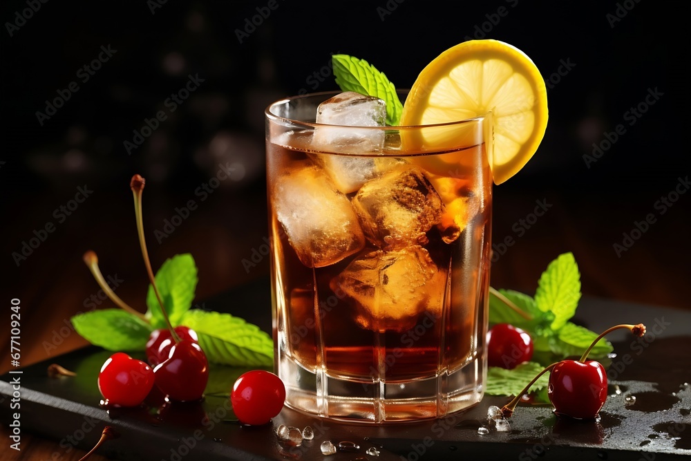 Poster Generative AI : Cold refreshing summer cocktail Cuba libre with lemon slices