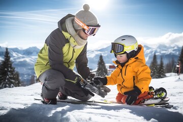 Fototapeta na wymiar Generative AI : Mother and son preparing skis and snowboard at sunny snowy ski resort