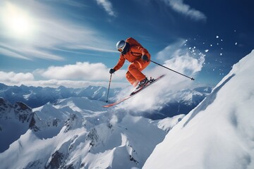 Naklejka na ściany i meble Generative AI : Happy skier dressed in bright sportswear riding down the mountain slope