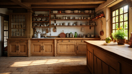 a rustic farmhouse kitchen with wooden cabinets and a large farmhouse sink and a butcher-block island