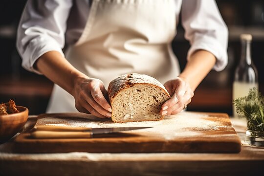 Generative AI : Closeup image of a female chef cooking and holding a piece of whole wheat sandwich in kitchen