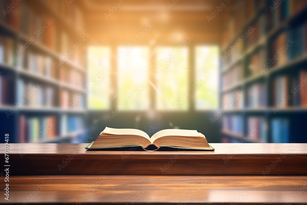 Leinwandbilder generative ai : open book or textbook in the library with light from the window on the reading table