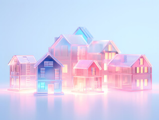 Christmas glass village on a white background. 3D rendering. Pink and blue neon light.