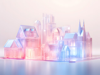 Fototapeta premium Christmas glass village on a white background. 3D rendering. Pink and blue neon light.