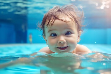 Fototapeta na wymiar Generative AI : Little baby, girl swimming under water in paddling pool.