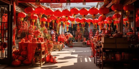 Chinese New Year Decorations Various decorations such as red lanterns, banners with auspicious...