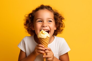 Generative AI : Cute child girl eating ice cream.