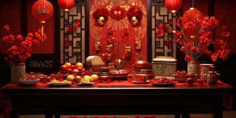 Chinese New Year Decorations Various decorations such as red lanterns, banners with auspicious...