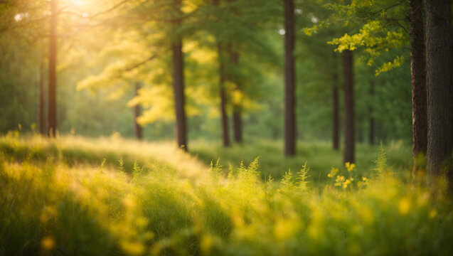 Vibrant summer forest background with defocused trees, wild grass, and sunlight creating a warm and inviting atmosphere.