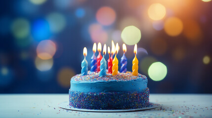 Colorful candle for 9 year old birthday blueberry cream cake with candles blue bokeh blur background